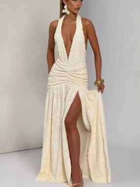 Halter Plunge Ivory Textured Maxi Dress with Thigh Slit